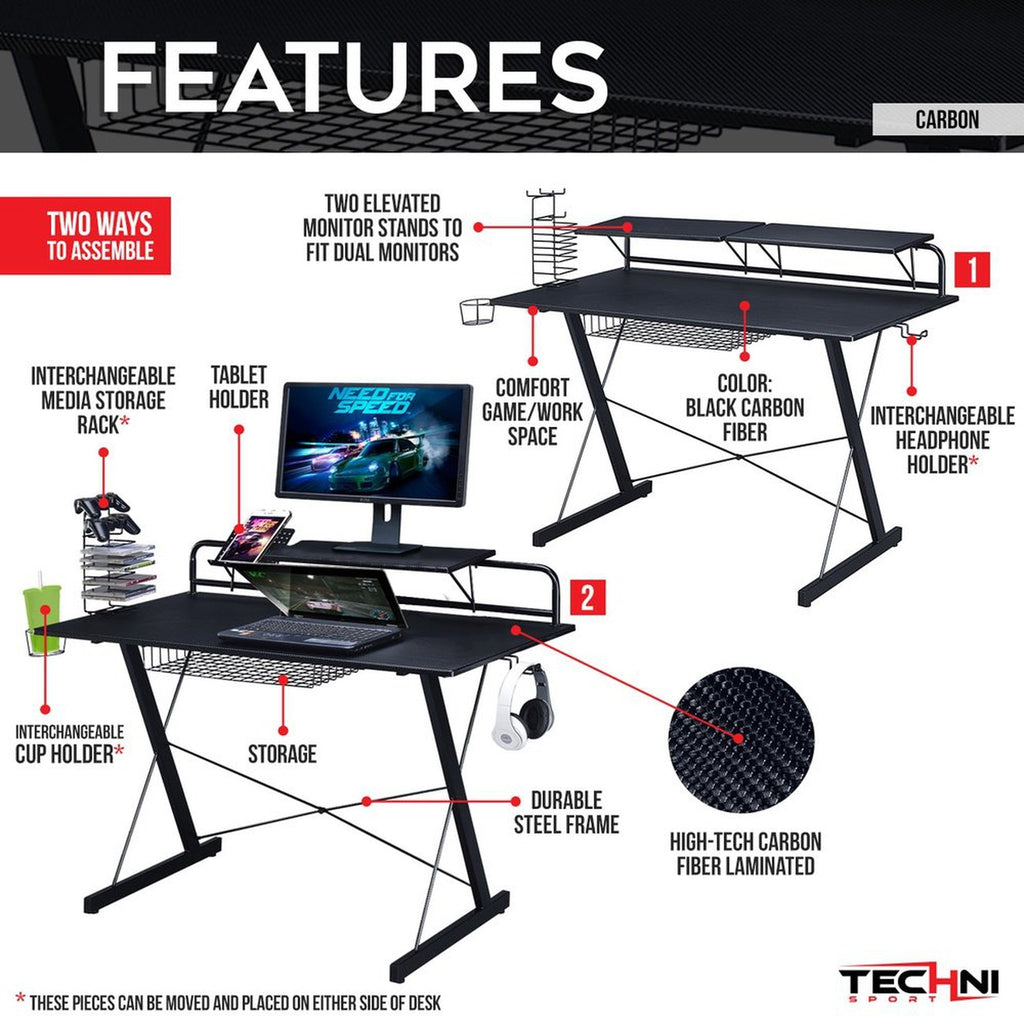 Techni Sport TS-200 Carbon Computer Gaming Desk with Shelving, Black Techni Sport Gaming Desk