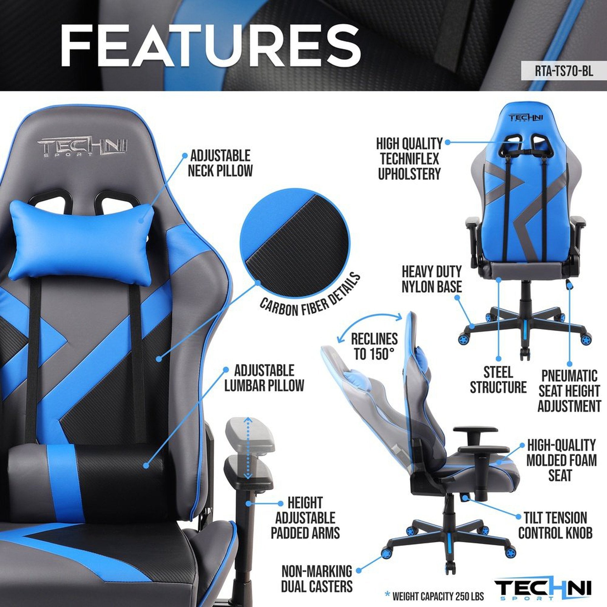 Techni Sport TS-70 Office-PC Gaming Chair, Blue Techni Sport Gaming Chairs