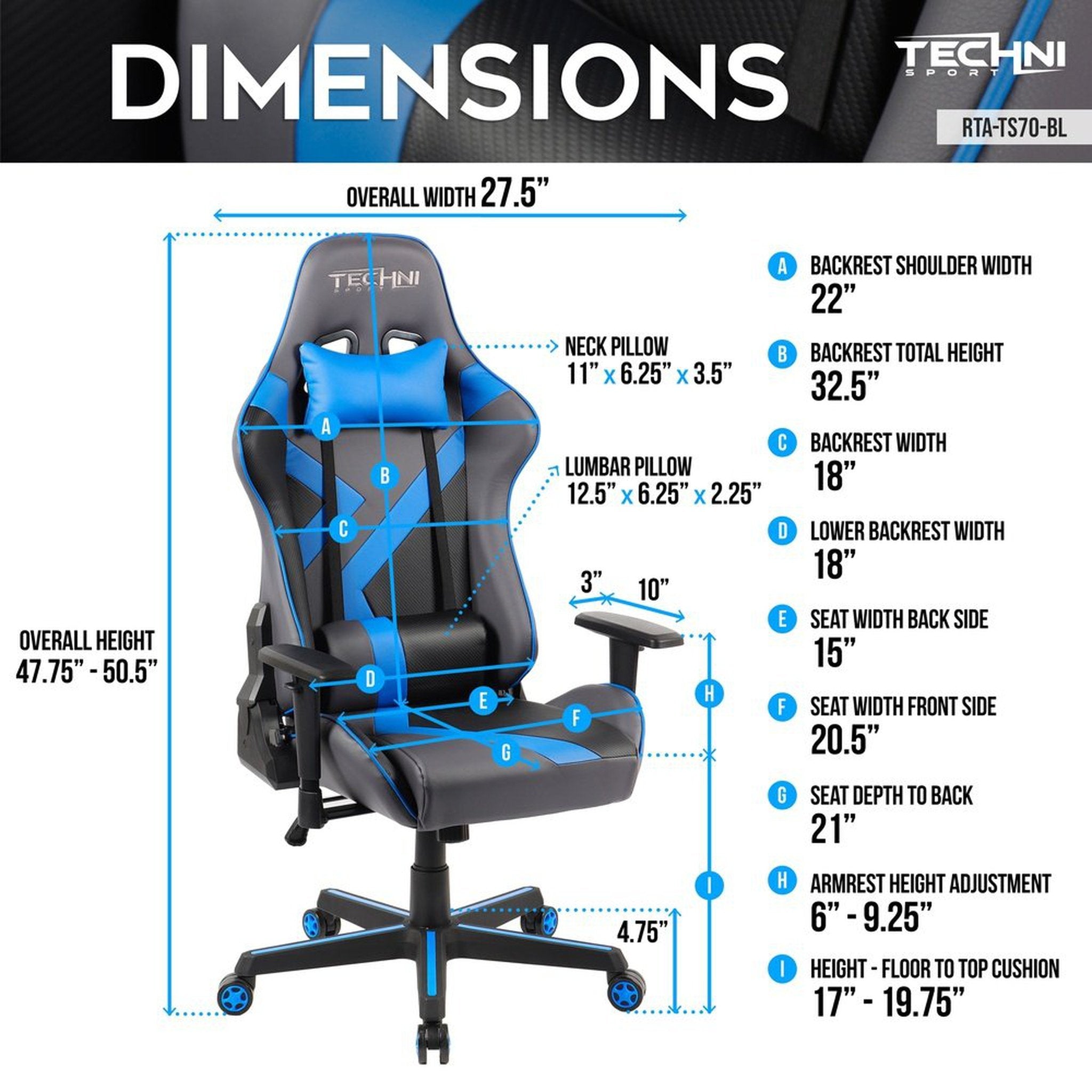 Techni Sport TS-70 Office-PC Gaming Chair, Blue Techni Sport Gaming Chairs