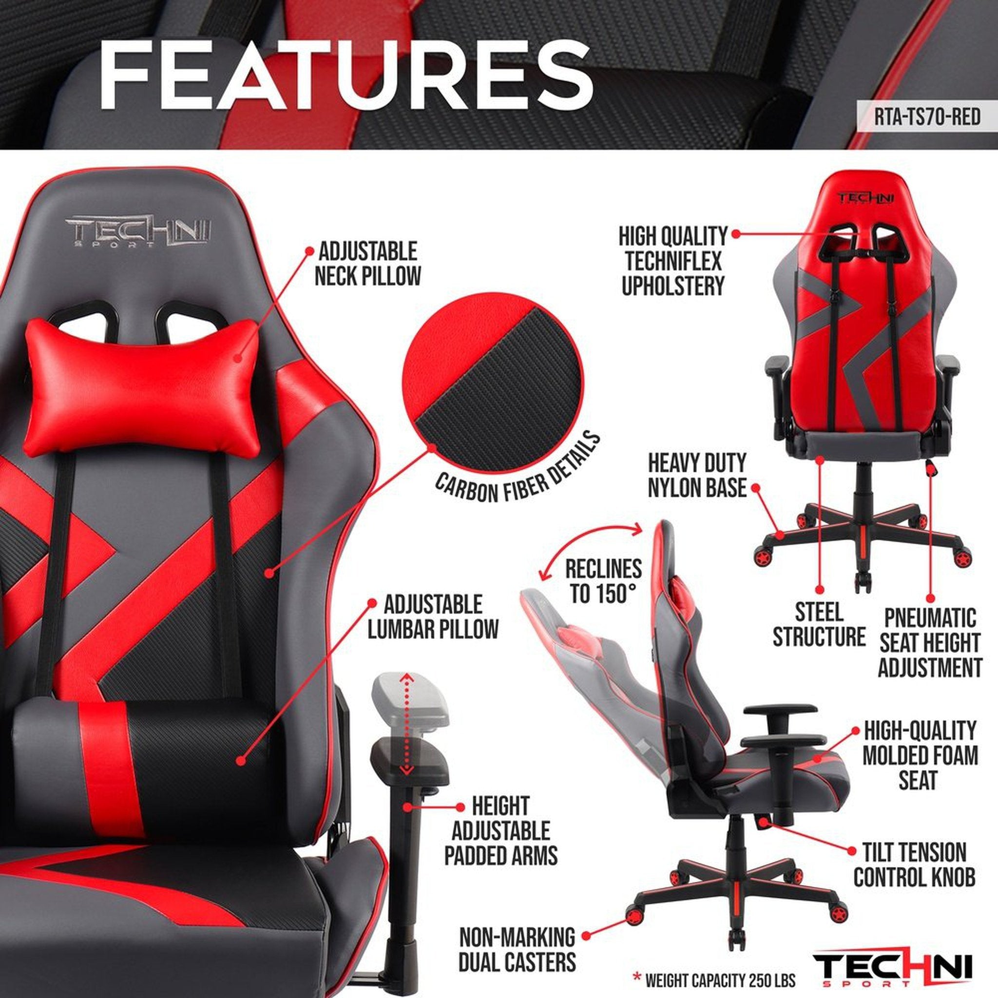 Techni Sport TS-70 Office-PC Gaming Chair, Red Techni Sport Gaming Chairs