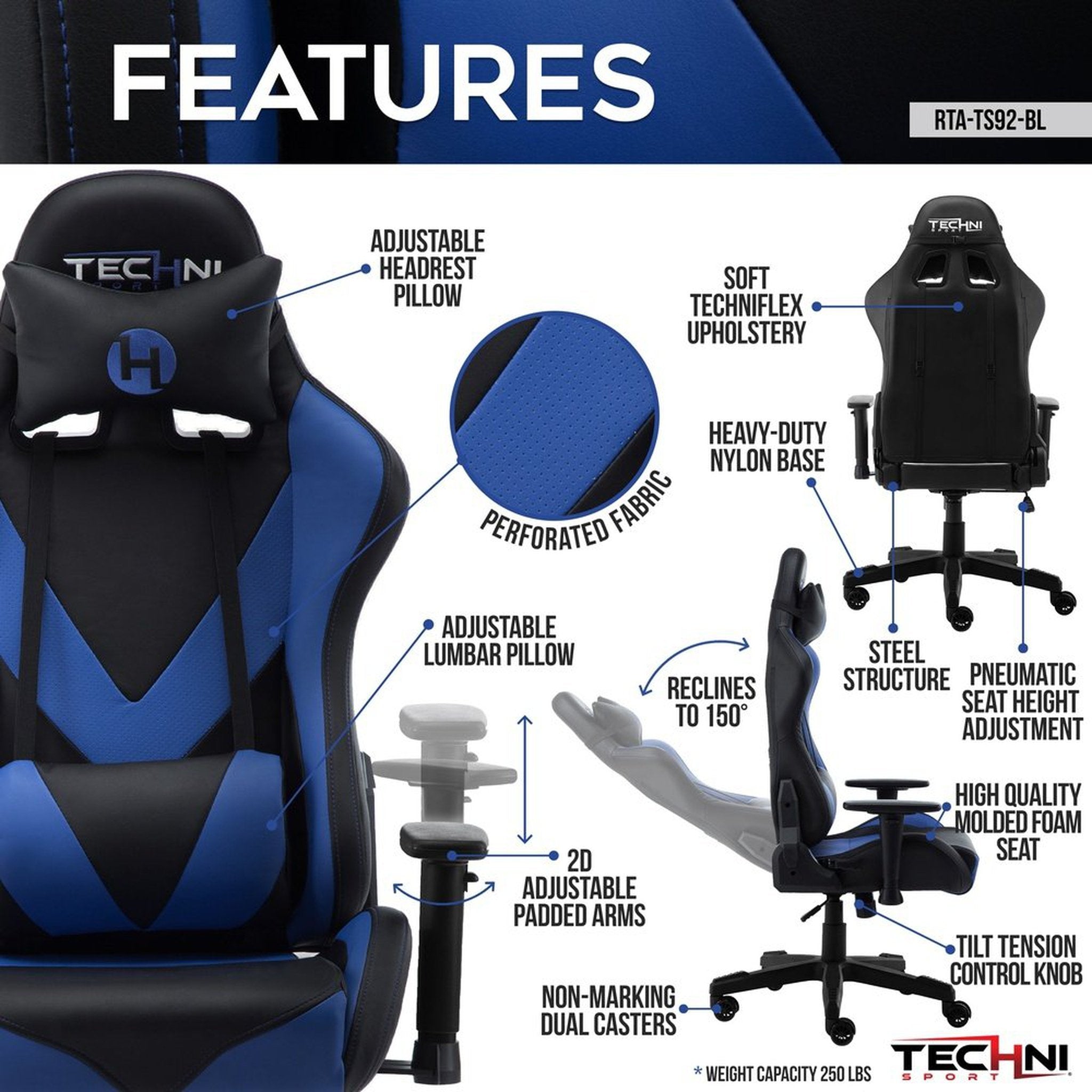 Techni Sport TS-92 Office-PC Gaming Chair, Blue Techni Sport Gaming Chairs