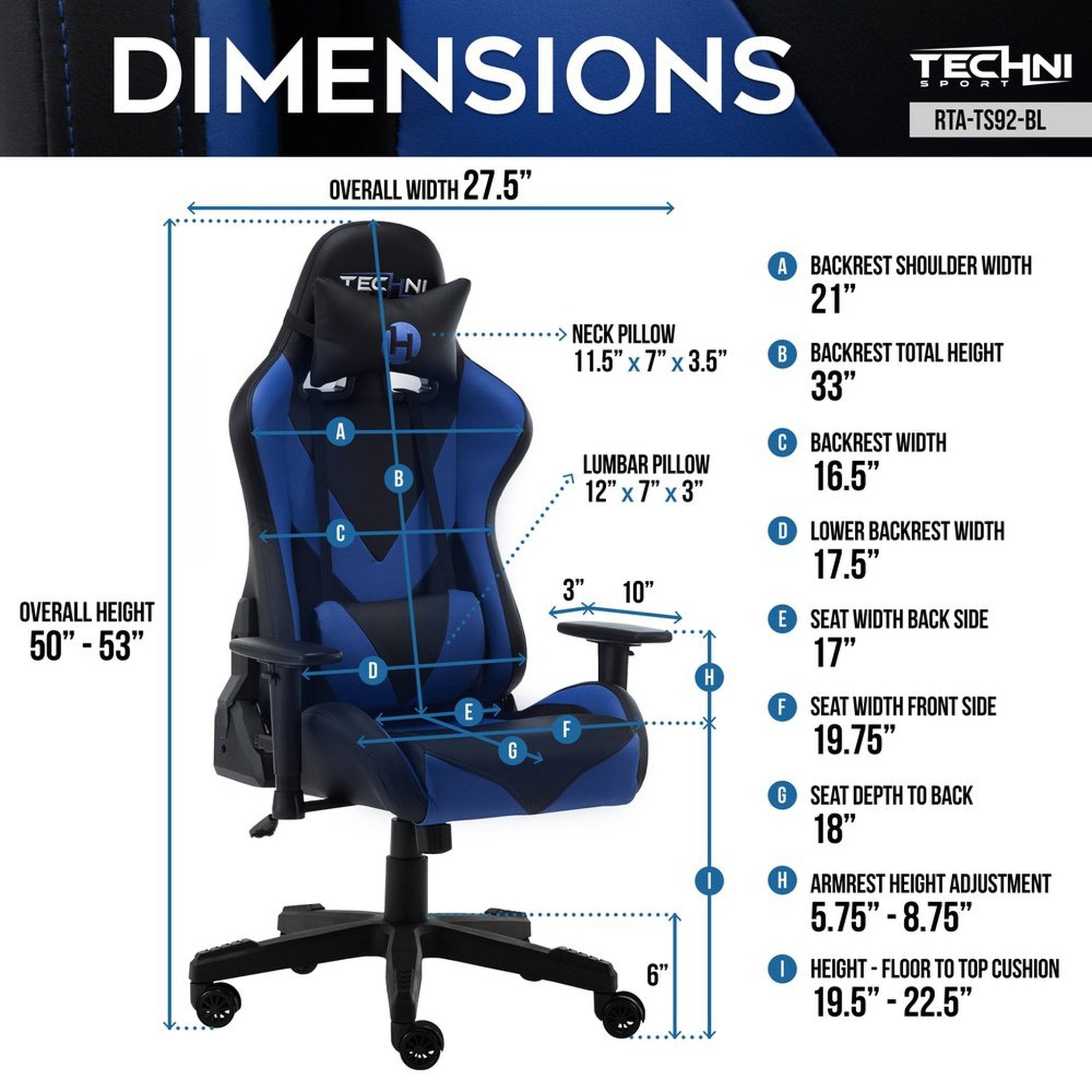 Techni Sport TS-92 Office-PC Gaming Chair, Blue Techni Sport Gaming Chairs