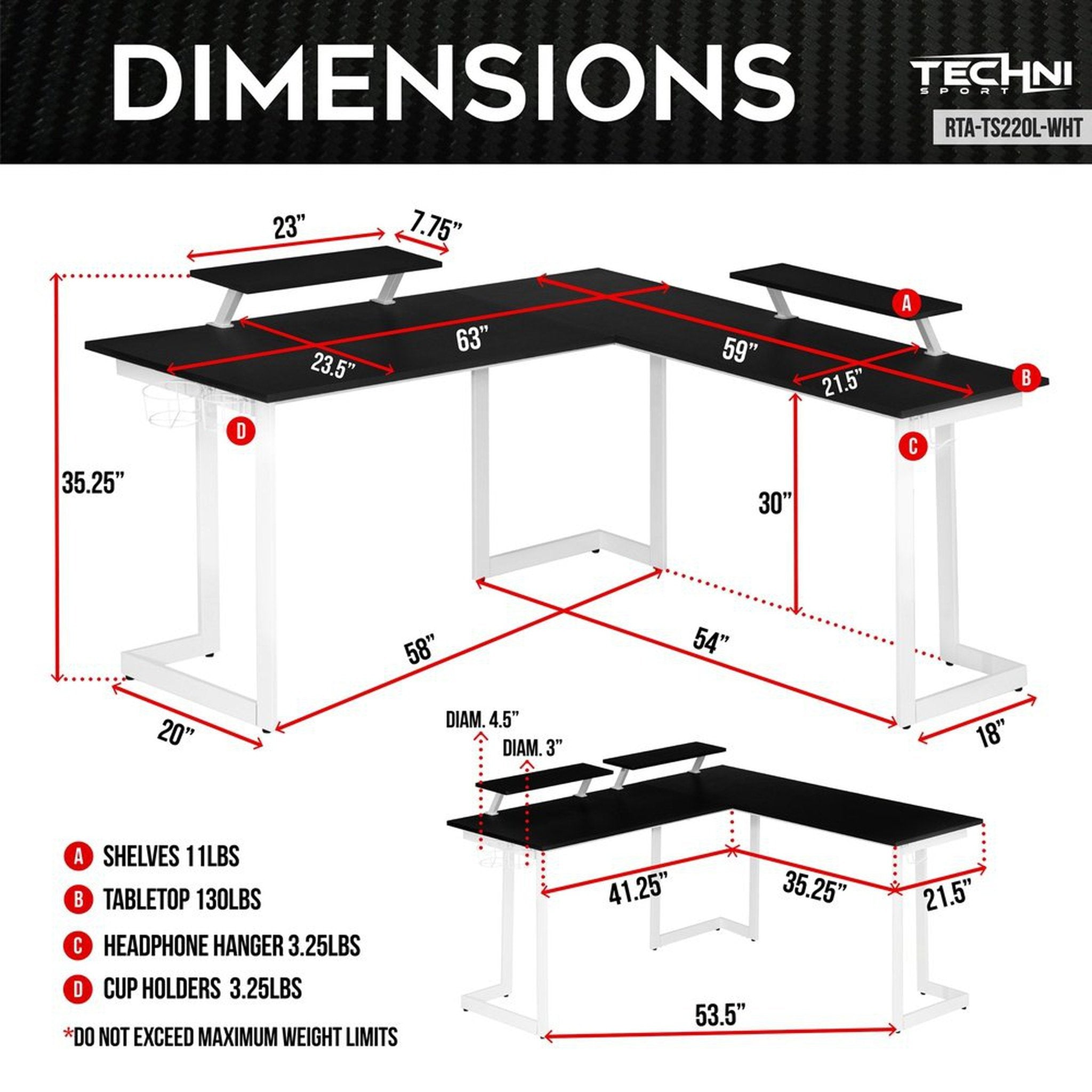 Techni Sport Warrior L-Shaped Gaming Desk, White Techni Sport Gaming Desk