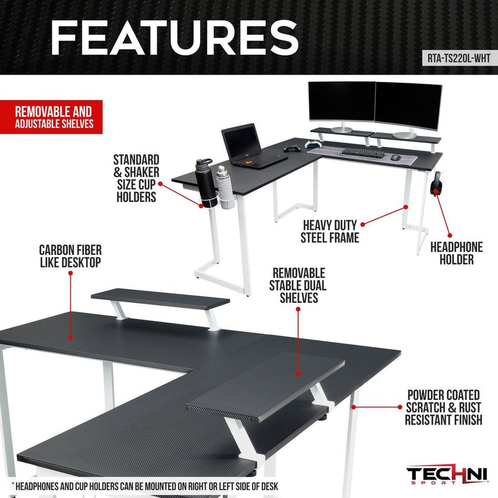 Techni Sport Warrior L-Shaped Gaming Desk, White Techni Sport Gaming Desk
