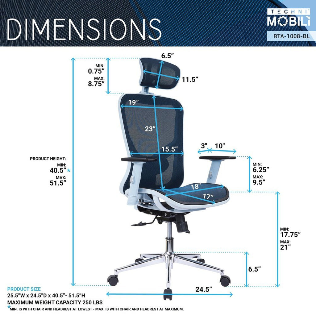 The Techni Mobili High Back Executive Mesh Office Chair with Arms, Headrest and Lumbar Support, Blue Techni Mobili Chairs